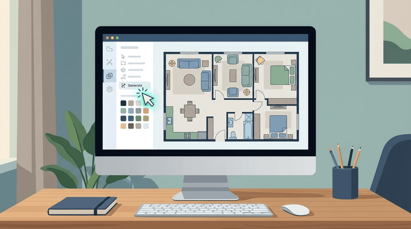 Интерфейс AI-программы для проектирования интерьера с планировкой и расстановкой мебели