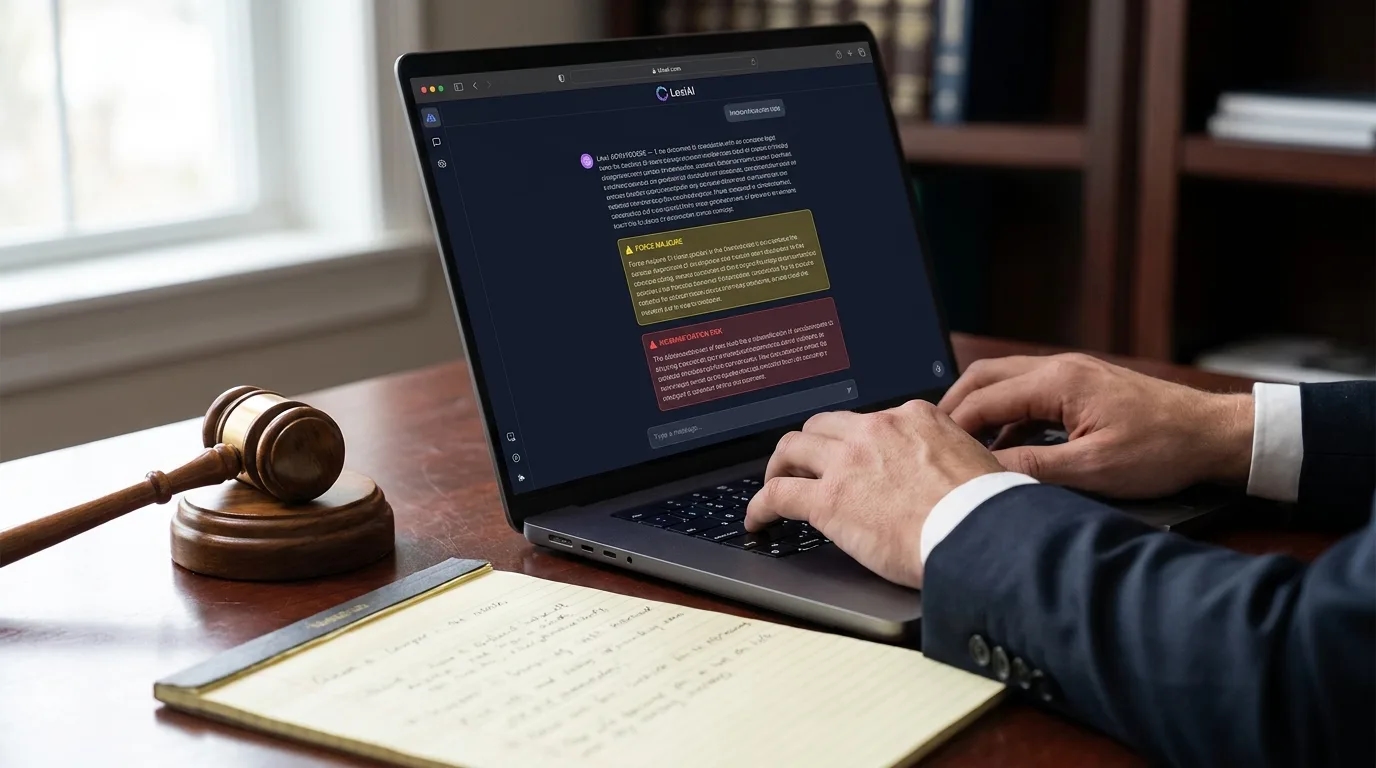 Юрист проверяет договор через нейросеть на ноутбуке — поиск рисков и ошибок