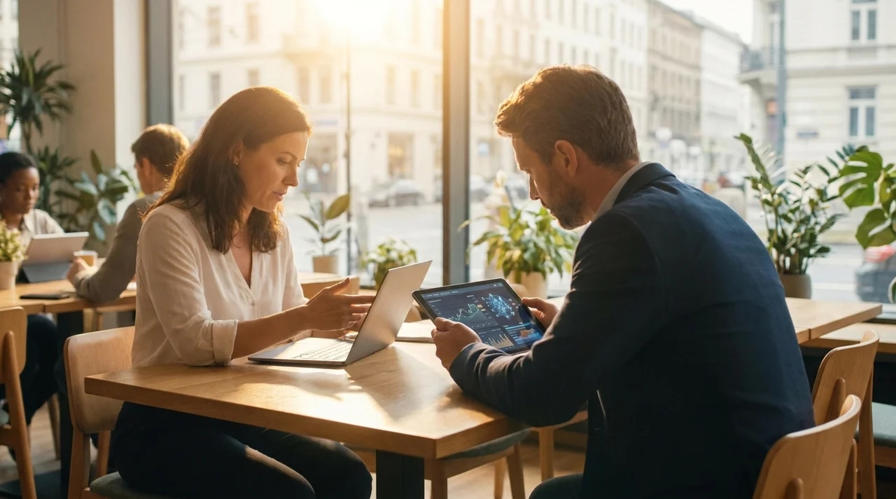 Предприниматель проверяет AI-бизнес-план и финмодель на планшете