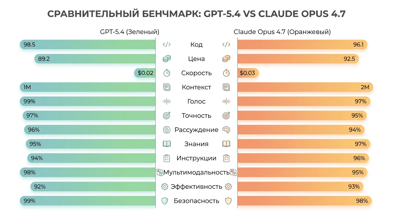 Бенчмарк-сравнение GPT-5.4 и Claude Opus 4.7 по 12 параметрам