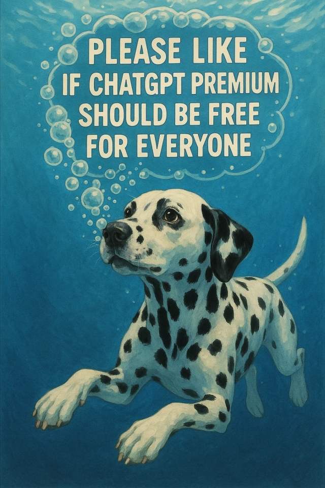 Далматинец, плавающий и выдыхающий пузыри, в которых написано 'пожалуйста, лайкните, если Chat GPT Premium должен быть бесплатным для всех'