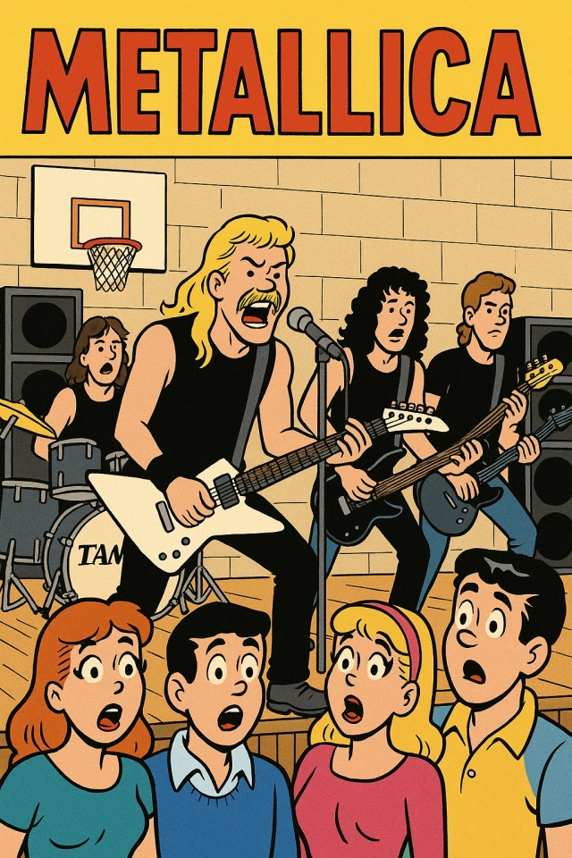 Metallica 1990-х играет на школьном концерте с удивленными детьми, реагирующими в стиле обложки комикса Арчи. Название комикса - Metallica.