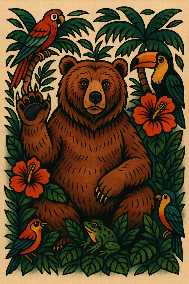Создайте изображение медведя гризли, сидящего в тропических джунглях, окруженного множеством флоры и фауны тропического леса, приветствующего с вытянутой ладонью и другой рукой, согнутой в локте. Я хотел бы, чтобы медведь имел серьезное выражение, но не злое, скорее излучающее спокойствие, и был изображен анфас. Мне бы хотелось, чтобы кроме этих двух вы сделали изображение в стиле традиционной американской татуировки