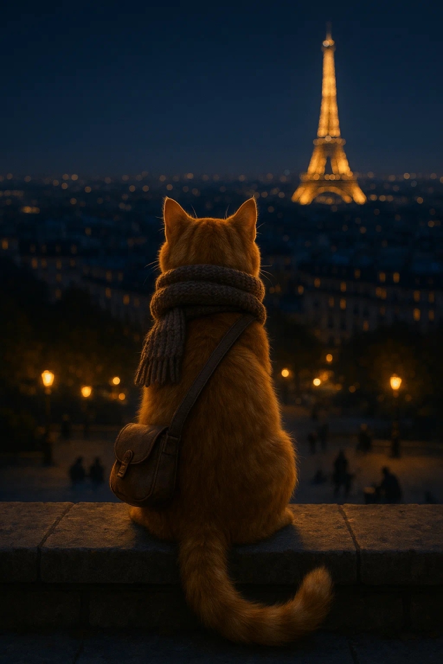 Кинематографический широкоугольный вид сзади реалистичного рыжего кота, мирно сидящего на каменном выступе на вершине холма Монмартр в Париже ночью. Кот одет в уютный вязаный шарф и маленькую кожаную сумку через плечо. Он сидит в расслабленной позе с передними лапами, слегка выдвинутыми вперед, и хвостом, мягко закрученным и покачивающимся. Кот смотрит на захватывающий панорамный вид ночных огней Парижа, с Эйфелевой башней, мерцающей вдалеке. Небо глубокого сумеречно-синего цвета, и мягкие золотые огни от уличных фонарей мерцают на крышах внизу. Вдалеке на площади внизу видны несколько маленьких силуэтов людей — некоторые сидят, некоторые гуляют, и, возможно, уличный художник, рисующий поблизости. Настроение спокойное, созерцательное и волшебное, с поэтической парижской ночной атмосферой. Акцент сделан на детализации меха, теплом освещении, реалистичных текстурах и эффекте погружения.