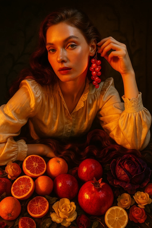 Фотореалистичный сверхширокоугольный сюрреалистический портрет сияющей русской женщины, элегантно склонившейся над хаотическим алтарем из спелых, сюрреалистических фруктов, ее рука нежно приподнимает каскадную серьгу из светящихся красных смородин, пульсирующих как крошечные фонарики. Она одета в винтажную кремовую блузку с кружевными манжетами, ткань которой улавливает золотисто-оранжевый и рубиново-красный свет, как будто зажженный невидимыми близнецами-солнцами. Ее взгляд гипнотический, кожа светится отблесками пурпурного и бронзового, а волосы стекают как растопленный шоколад в изобилие в стиле барокко внизу. Стол наполнен абсурдной роскошью — кровавые апельсины сочатся блестками, гранаты сияют как лакированная броня, нарезанные лимоны негромко напевают мелодии, а пурпурная капуста разворачивается как бархатные свитки. Между ними тихо цветут скульптурные цветы из воска, фарфора и сахара. Тени скручиваются в призрачные очертания лоз и утвари. Атмосфера декадентская и барочно-причудливая — живописная греза, где мода и натюрморт сливаются в съедобный сюрреализм, освещенный божественным противоречием.