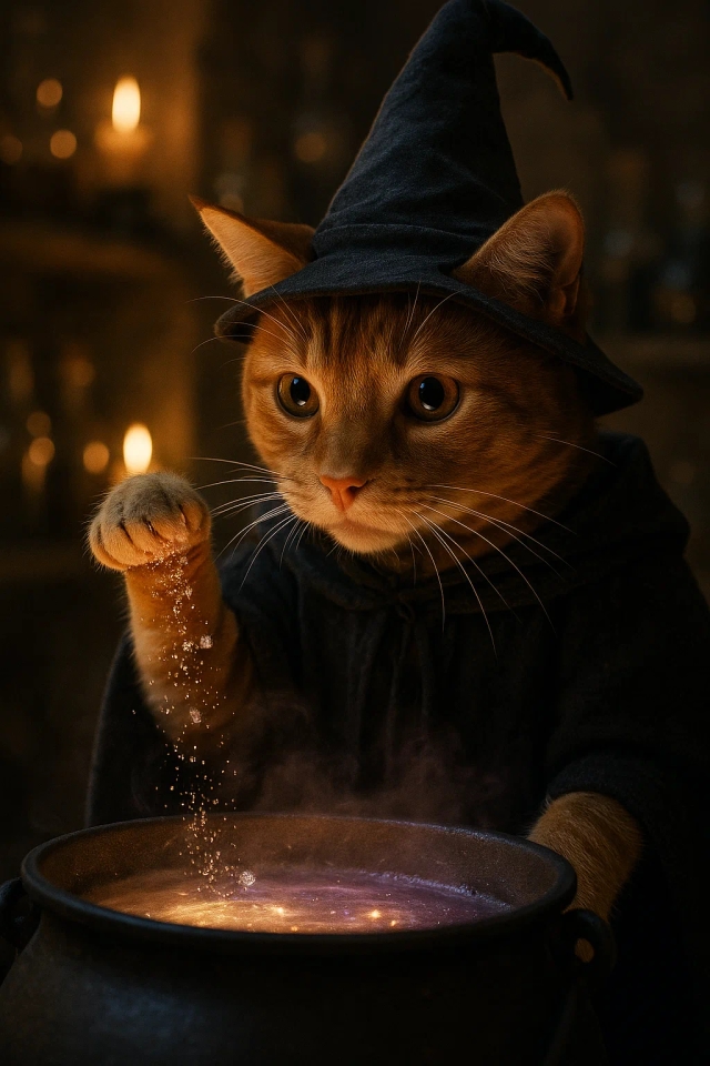 Сверхреалистичная, кинематографическая сцена крупным планом внутри магического класса зельеварения. Реалистичный рыжий кот в детально проработанной темной мантии волшебника и остроконечной шляпе стоит перед черным котлом. Кот слегка наклоняется, подняв одну лапу и посыпая мерцающий волшебный порошок в мягко светящееся зелье. Его глаза широко раскрыты с невинным любопытством и удивлением, сосредоточенно смотрящие на завихряющуюся поверхность зелья. Котел мягко выпускает пар и легкие искры в теплых золотистых и фиолетовых тонах. Мех и усы кота очень детализированы и естественны, его выражение кажется живым и любознательным. Фон включает размытый свет свечей и флаконы с зельями на каменных полках, переданные с реалистичной глубиной и освещением. Общий вид теплый, волшебный, богато текстурированный и основанный на реализме живого действия.