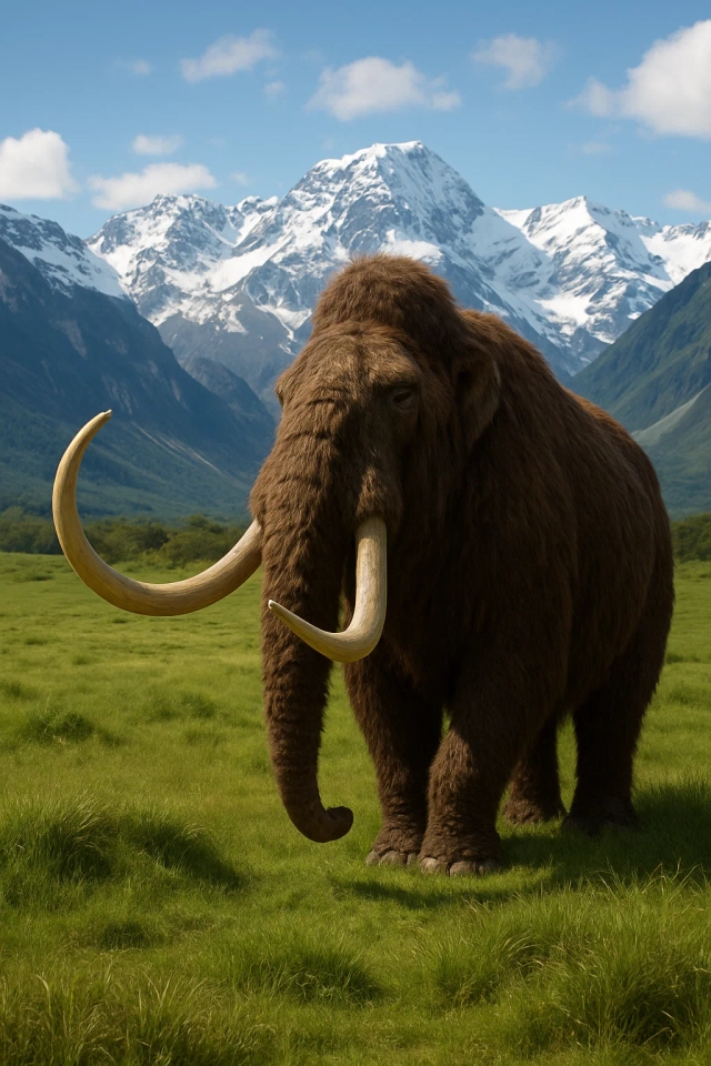 Шерстистый мамонт на зеленой травянистой равнине, вдалеке заснеженные горы