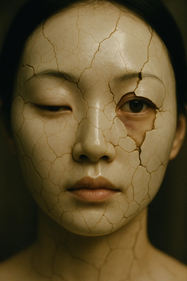 Гиперреалистичный, сюрреалистический портрет человеческого лица крупным планом, напоминающий треснувшую фарфоровую маску. Объект съёмки выглядит как молодая восточноазиатская женщина с гладкой, бледной, отражающей свет кожей, имитирующей блеск состаренной глазурованной керамики. Её выражение неподвижно и загадочно — безмятежное, но нечитаемое — с полуприкрытыми глазами и мягкими, изящными чертами.
Фарфоровая маска имеет трещины, с зазубренными разломами, пересекающими лицо как у старой, сломанной куклы. Но одна деталь полностью нарушает иллюзию: под внешним левым глазом, где керамика раскололась и отслоилась, виден второй глаз — не соответствующий анатомии маски. Этот внутренний глаз человеческий, настоящий, анатомически отличимый и слегка смещен от поверхности — как будто второй человек или истинное "я" скрывается под маской. Этот проблеск тревожный и интимный, намекающий на двойственную идентичность или скрытое сознание.
Другие трещины раскрывают тонкие проблески необработанной кожи, теплые тона плоти или теневые пустоты под искусственной поверхностью. Несмотря на повреждения, лицо сохраняет спокойную позу, неподвижность нарушается только тем, что скрывается под ней.
Изображение запечатлено в стиле ручной аналоговой кинематографии с естественным, рассеянным светом — либо золотой час, либо пасмурный дневной свет — мягко рассеянный и слегка переэкспонированный на светлых участках. По всему кадру видно мягкое зерно пленки, а малая глубина резкости подчеркивает тактильные детали: гладкую керамическую глазурь, острый край сломанного фрагмента, влажную, живую текстуру скрытого глаза.
Цветовая палитра теплая, но мягко десатурированная, смешивающая приглушенные оттенки слоновой кости, бледного румянца и янтарные тона с темными органическими оттенками из-под трещин. Тени падают мягко, никогда не жестко, усиливая тихий, меланхоличный тон изображения.
Атмосфера кажется эмоционально сдержанной, интроспективной и жуткой — как остановленный момент из инди-фильма в стиле ло-фи о раздробленной идентичности и скрытой правде. Тихий сюрреалистический портрет, где что-то реальное наблюдает из-за поверхности — и мы не уверены, какое лицо действительно живое.
