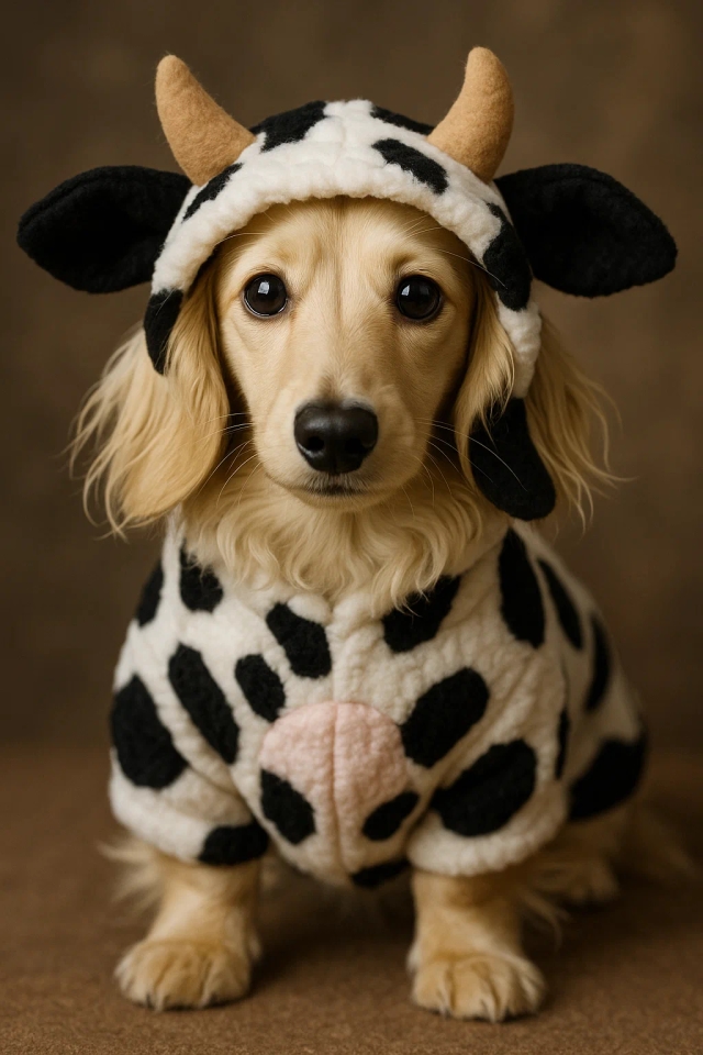 Длинношерстная английская мини-такса кремового окраса в костюме коровы