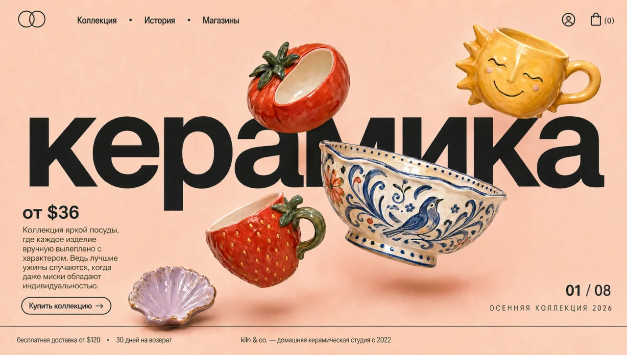 GPT Image 2 на MashaGPT — лендинг бренда «Керамика» с фотореалистичной посудой и крупной русской типографикой