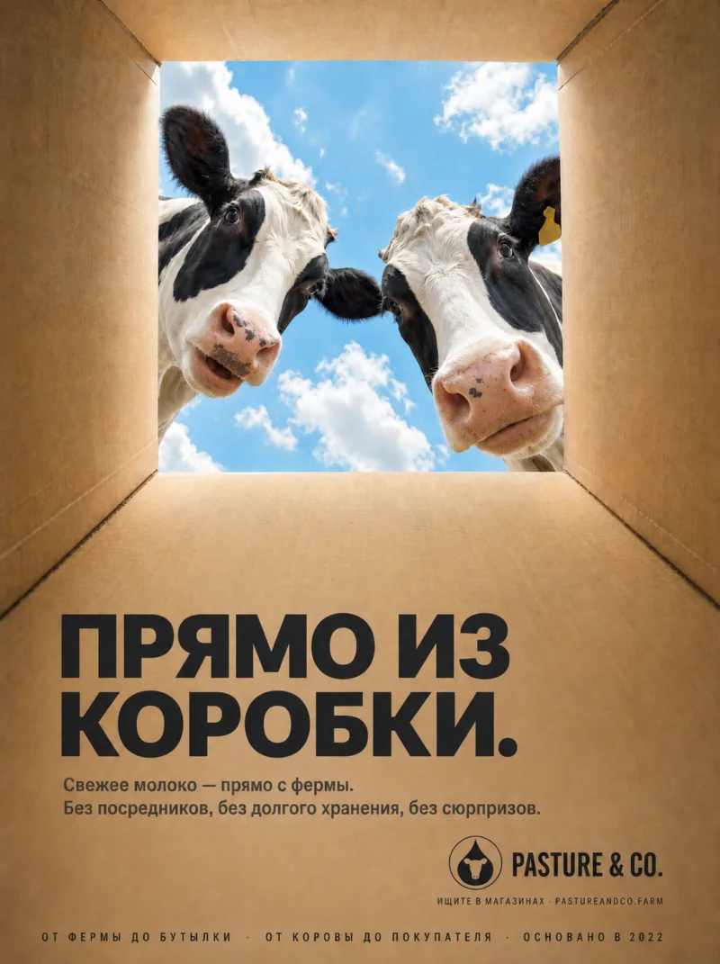 GPT Image 2 на MashaGPT — рекламный постер бренда молока «Pasture & Co.» с двумя коровами, заглядывающими в картонную коробку с фотореалистичной перспективой снизу вверх