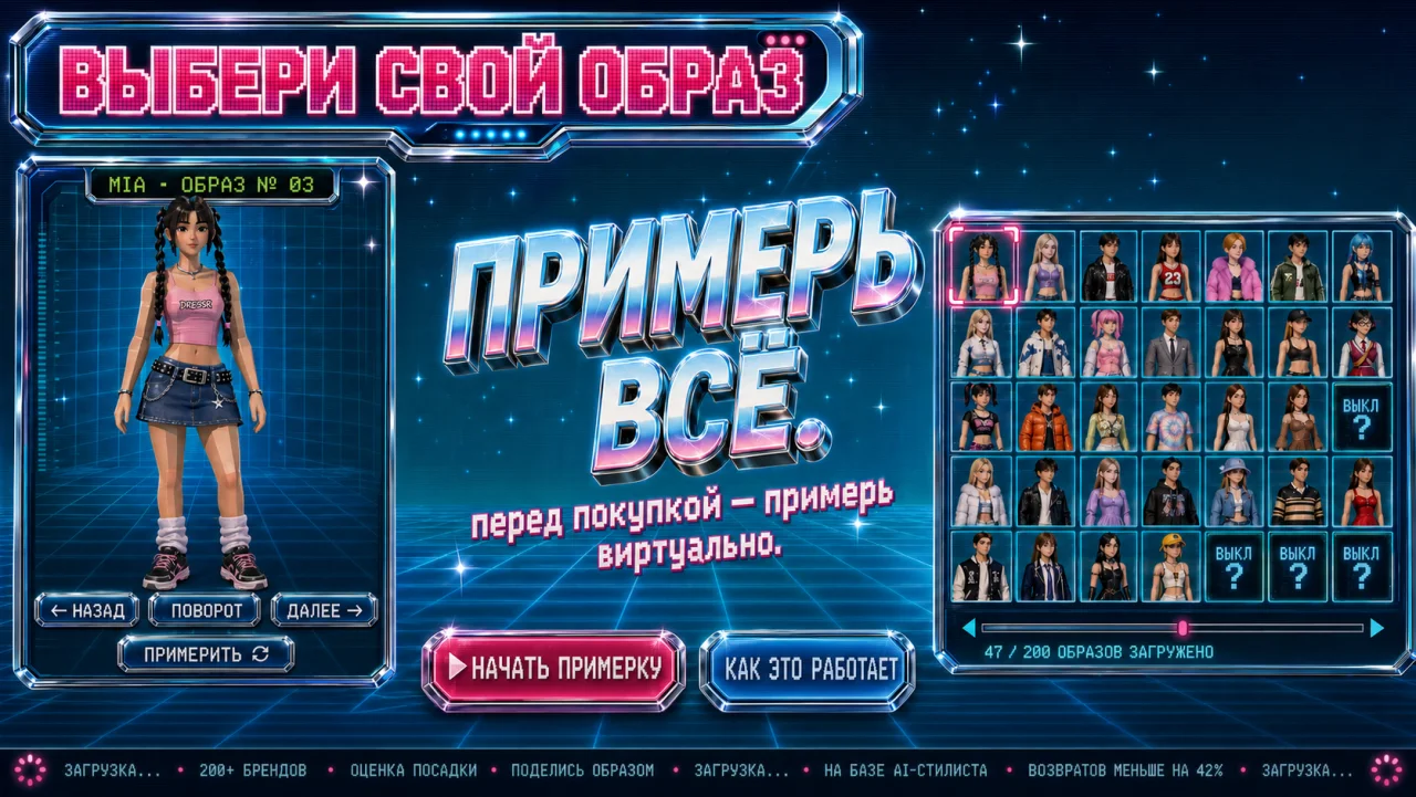 GPT Image 2 на MashaGPT — Y2K-лендинг виртуальной примерочной DRESSR в стиле character-select экрана PlayStation 2 с low-poly 3D-аватаром и chrome-UI