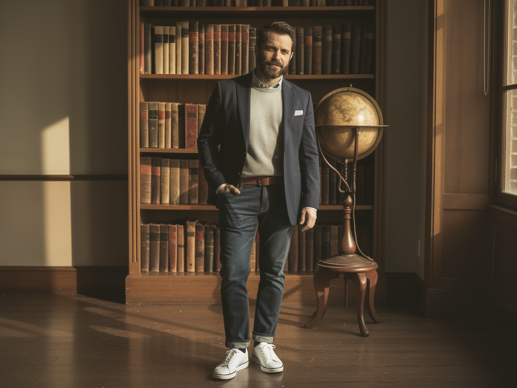 Change the man into the outfit shown in picture two, full-body photo