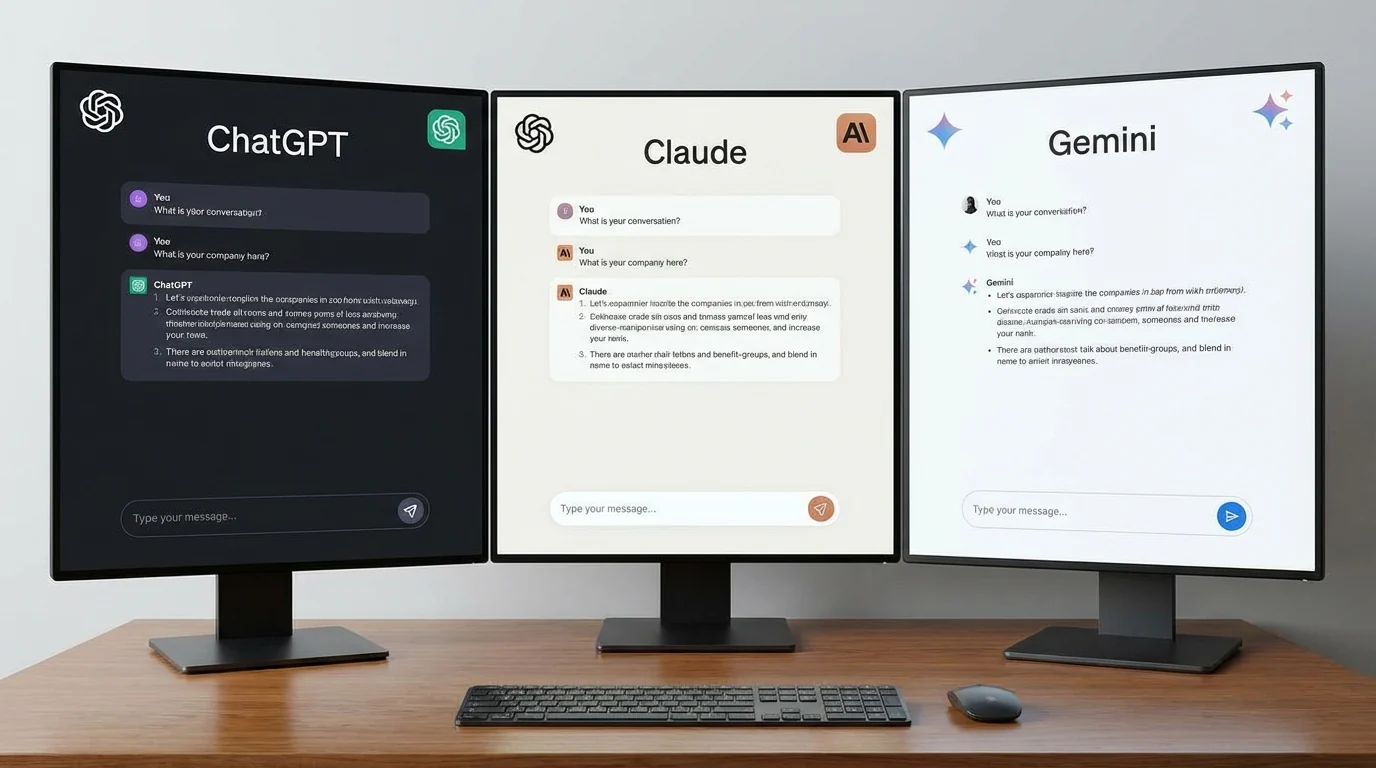 Три монитора с ChatGPT, Claude и Gemini