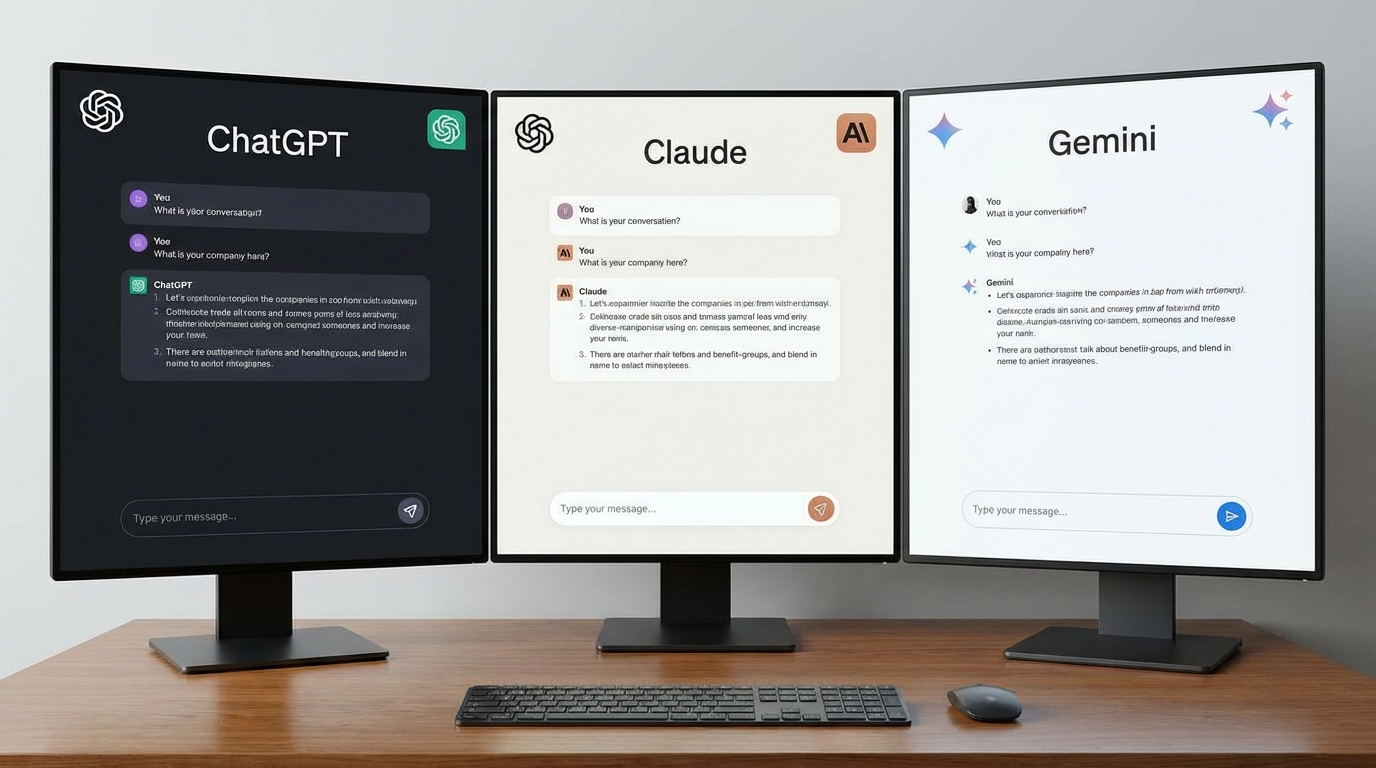 Три монитора с ChatGPT, Claude и Gemini