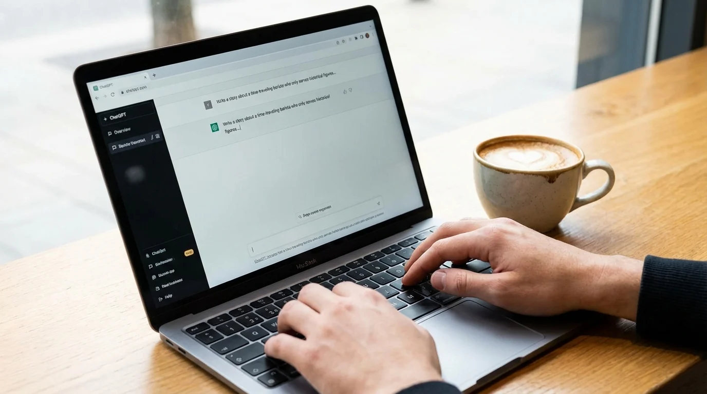 Руки пишут запрос чат-боту на ноутбуке