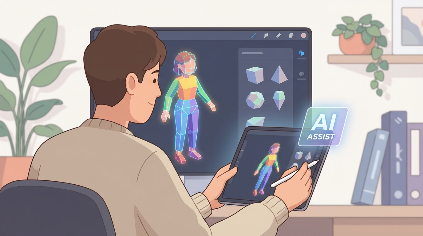 Художник лепит 3D-персонажа на планшете