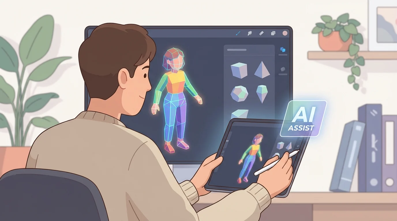 Художник лепит 3D-персонажа на планшете