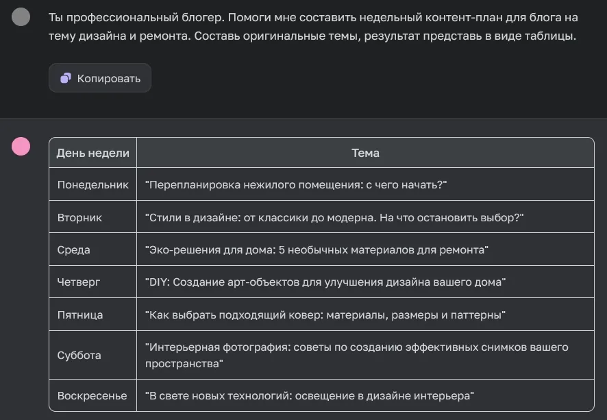 Контент план для постинга на неделю от ChatGPT